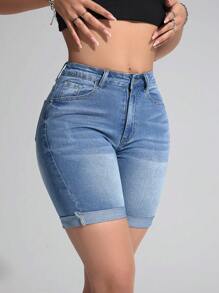 SHEIN Essnce 休闲牛仔短裤，简约时尚，日常穿搭 - 藍色 - 查看 4