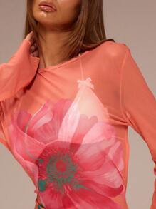 MUSERA Mesh Floral Printed Backless Maxi Dress Vacation Summer Sheer Flower Ibiza Outfit, Holiday, Club Outfit Long Dress - Orange - View 6