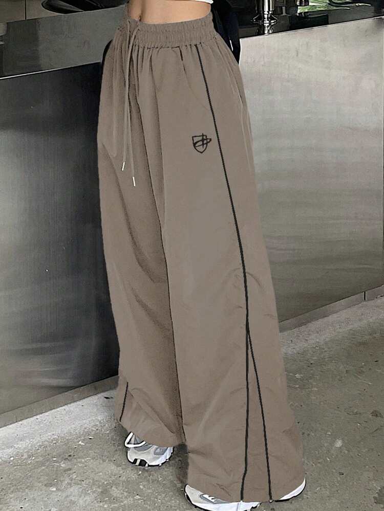 Women Front-Tie Striped Patchwork Casual Long Pants, Everyday Wear Wide Pants