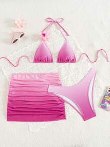 Swim SXY 3pcs Elegant, Sweet And Sexy Beach Gradient Halter Pink Bikini Set With Chiffon Skirt Swimwear, Beach Clothes Outfit For Summer Vacation, Ibiza Outfit - Pink - View 4