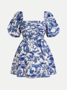 SHEIN ICON 大码女式度假蓝白花卉方领泡泡袖腰 A 字形连衣裙