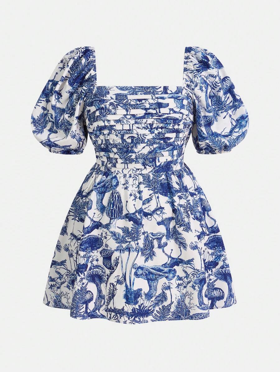 SHEIN ICON 大码女式度假蓝白花卉方领泡泡袖腰 A 字形连衣裙