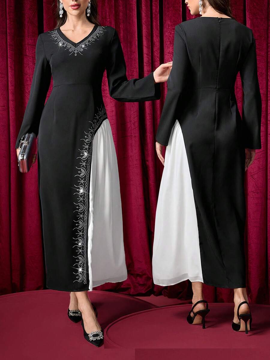 Modelyn Fashion Luxurious Rhinestoned Long Dress For Women Fall Cloth For Women - Black - View 1