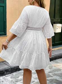 SHEIN VCAY Plus Size Romantic Island V-Neck White Embroidered Fabric Waist Splice Lace Trim A-Line Short Dress Spring Outfits For Women,Summer Outfits For Women,Beach Outfits For Woman,Brunch Outfits For Women, Airport Outfit For Women,Sundress,Vacation Dress,Graduation Dress