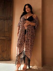 Swim Oasis Plus Size Women's Floral & Leopard Print Lightweight Mesh Cover Up Kimono For Summer Beach Vacation & Casual Holiday Wear
