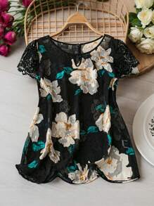 SHEIN Clasi Plus Size Women Floral Print Chiffon Keyhole Neck Party, Valentine's Day, Everyday Elegant Blouse, Spring/Summer
