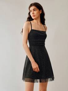 Uhlyne Uhlyne Vestido mini de punto de tirantes de espagueti metálico casual, primavera/verano - Negro - Ver 7
