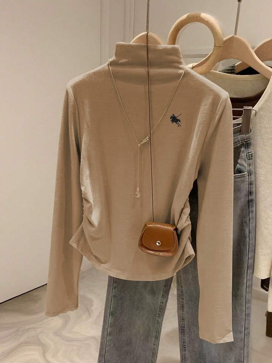 女式骑士印花立领长袖褶皱 T 恤，适合秋季 - 卡其色 - 查看 1