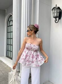 Chiquease Women's Vacation Floral Print Cropped Layered Bustier Top - Pink - View 4