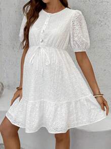 SHEIN Maternity Solid Color Embroidered Button Design Short Puff Sleeve Dress Cute Dresses For Women Summer Dresses For Woman Casual Dresses For Women White Dresses For Women Women Mini Dresses Summer Dresses For Women