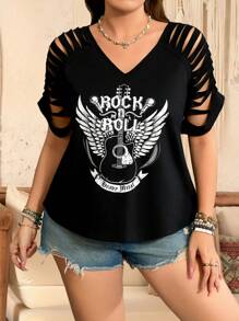 SHEIN LUNE Áo thun tay ngắn hở vai cổ chữ V thiết kế guitar & rock cho lễ hội âm nhạc, kỳ nghỉ hè cỡ lớn - màu đen - Xem 2