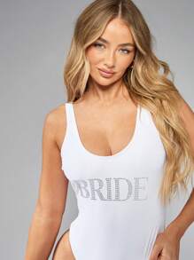 MISSGUIDED Bridal Swimsuit One Piece Rhinestone Text Wedding Beach Honeymoon Scoop Neck Tank Style Bathing Suit Bachelorette Party Swim - White - View 6
