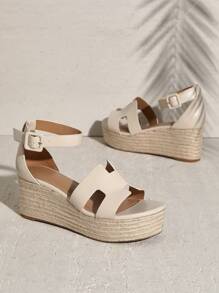 SHUZIA Sandalias de cuña tejidas con tira de tobillo, suela gruesa y tacón alto para mujer minimalista