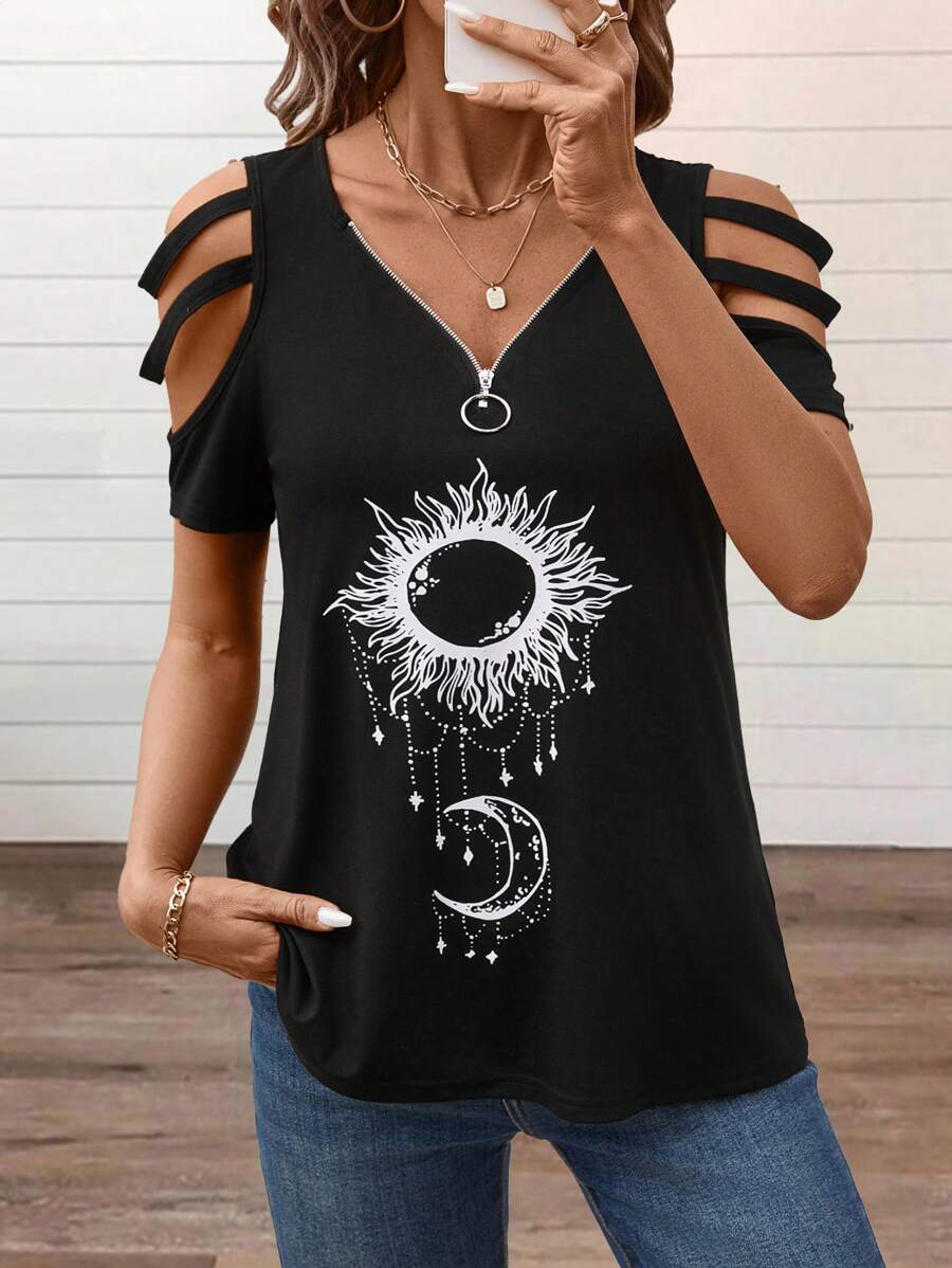 SHEIN LUNE Camiseta casual de mujer de verano con escote en V de punto, hombros abiertos, manga corta y cremallera con estampado - Negro - Ver 1