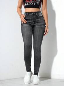 SHEIN Essnce Women's Front Button Pocket Simple Slim Casual Denim Pants - Dark Grey - View 6