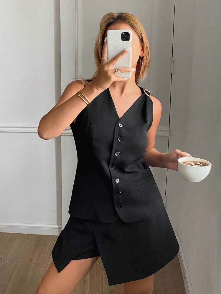 Elegant Casual Solid Color Fitted Vest Jacket & Shorts/Skirt 2 Pieces Set For Women, Summer,Short Women Sets