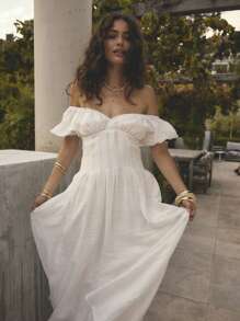 Aralina Summer Outfit Puff Sleeve V Neckline Flowy Vacation Maxi Dress - Multicolor - View 1