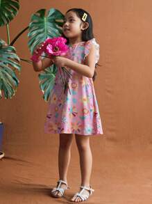 SHEIN Young Girl Pink Floral Ruffle Trim Casual Dress - Multicolor - View 5
