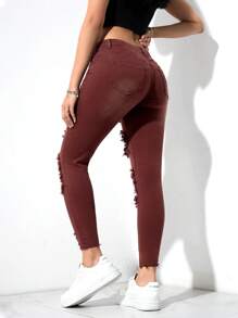 SHEIN EZwear Women's Front Button Pocket Distressed Simple Casual Denim Jeans - Rust Brown - View 2