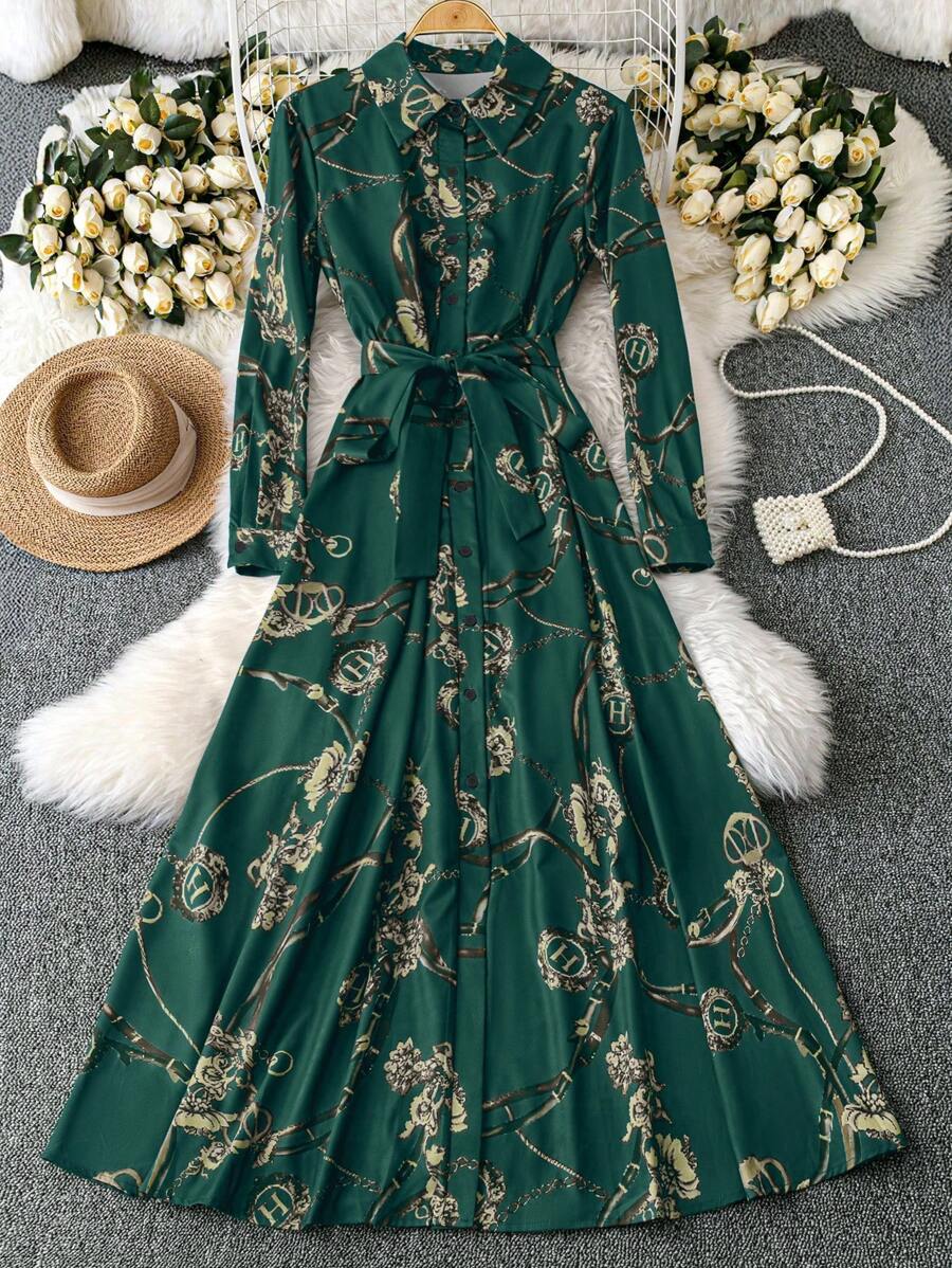 Trelyra Đầm Maxi Cổ Chữ V Đơn Giản In Hoa Màu Xanh Cho Nữ Trang Phục Thường Ngày - màu xanh lá - Xem 1