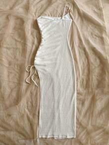 Soleia 女士度假针织华夫格纹理修身长裙，开衩，抽绳设计。适合派对、约会、性感、下午茶、海滩、夏季音乐节、婚礼季节 - 杏色 - 查看 2