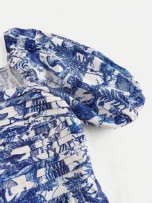 SHEIN ICON 大码女式度假蓝白花卉方领泡泡袖腰 A 字形连衣裙