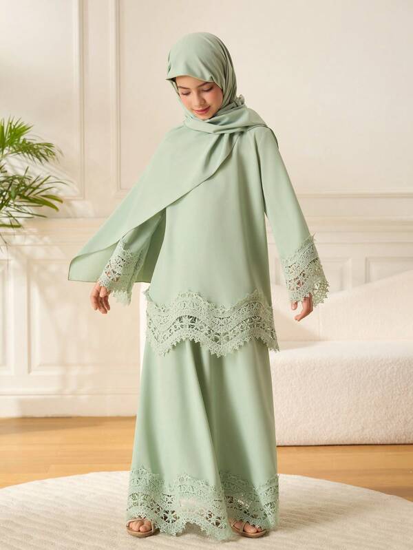 3pcs Tween Girls Sets: Mint Green Long Sleeve Embroidered Floral Trim Robe + Headscarf, Suitable For Outings, School, Home Ritual Abaya Outfit With Headscarf