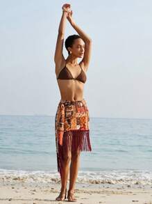 SHEIN Unity 波西米亚风民族印花流苏下摆裹身裙 - 彩色 - 查看 5