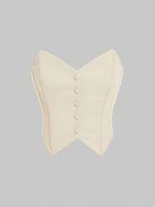 SHEIN MOD 前扣式管状紧身杏色上衣（不含衬衫） - 杏色 - 查看 1