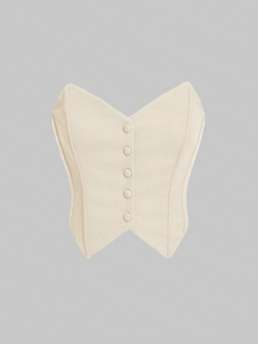 SHEIN MOD 前扣式管状紧身杏色上衣（不含衬衫） - 杏色 - 查看 1