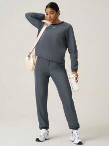 Easithlete 女士纯色拼布圆领长袖休闲宽松运动衫