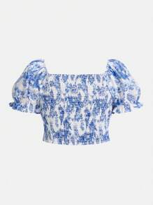 SHEIN ICON Plus Size Lantern Sleeve Retro Blue & White Floral Print Cropped Top, Vintage Palace Style - Blue and White - View 2