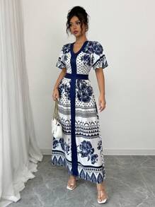 Chiquease Women's Elegant Blue Blue And White Porcelain Style Printed Long Dress Lotus Leaf Sleeve Short Sleeve Dress - Blue - View 3