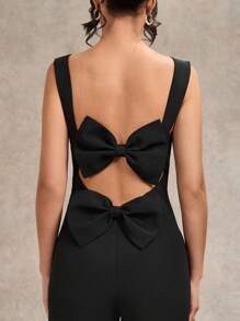 Mono sin mangas con espalda descubierta y lazo decorativo para mujeres, de pierna ancha - Elegante atuendo para salir, citas, fiestas - Mono asimétrico versátil - Negro - Ver 6