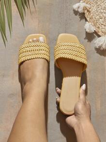SHUZIA Sandalias planas de punta redonda con tira de rafia natural, un regalo ideal para el Día de la Madre - Beis - Ver 2