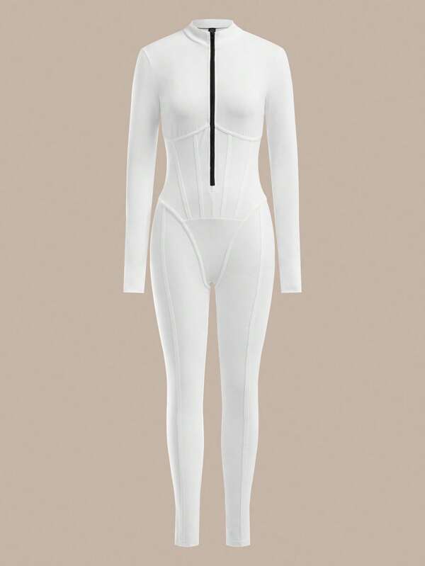 SHEIN BASICS Women Casual Solid Color Knitted Front Zipper Long Sleeve Skinny Jumpsuit