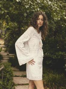 Aralina Boho Summer Eyelet Lace High Waist Vacation Mini Skirt - White - View 5