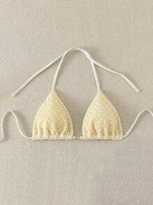 Swim Mod Beach For Women - Solid Color Textured Fabric Halter Triangle Bikini Top, Summer - Yellow - View 5