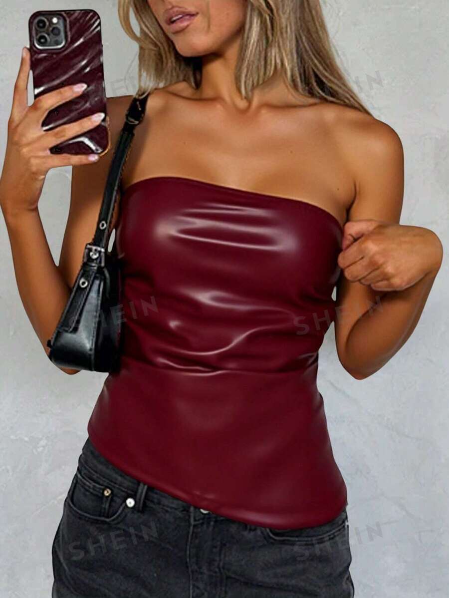 Siren Gaze Top din piele roșu burgundă pentru femei Top cu tub cu tiv asimetric, la modă, potrivit pentru ieșiri și petreceri Top de Crăciun