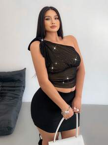 Flirla 女士加大码不对称领口荷叶边单肩亮片网眼衬衫 - 黑色 - 查看 4