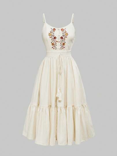 Fairycore Vintage Floral Embroidery Drawstring Strap Slip Dress, Spring/Summer