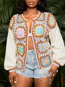 SHEIN SXY Plus Size Women's Spring/Summer Contrast Color Knitted Loose Long Sleeve Cardigan Jacket, Suitable For Date Night, Birthday, Bachelorette Party, Cute, Casual, Shopping, Streetwear, Going Out, Easy To Match & Looks Slim, Accent Your Body, Flatter The Figure - Multicolor - View 4