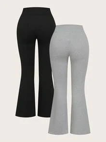 SHEIN EZwear 两件套加大码黑色和灰色腰部交叉设计修身休闲喇叭裤套装 - 彩色 - 查看 2