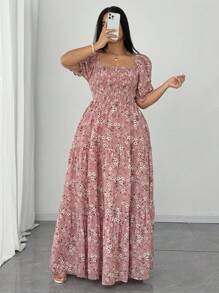 Elenzga 大码优雅碎花泡泡袖连衣裙 - 粉色 - 查看 3