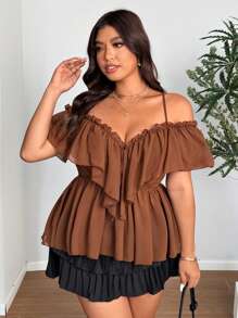 SHEIN Clasi 大码纯色简约时尚休闲日常衬衫 - 咖啡棕 - 查看 6