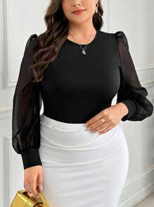 SHEIN Privé Plus Size Elegant Commute Office Intellectual Vacation Afternoon Tea Slightly Sexy Date Music Concert Party INS Fashionable Retro School Beach Photo Outfit Round Neck Chiffon Mesh Jacquard Long Sleeve Semi-Sheer Bodysuit, Figure-Flattering, Black, Spring/Summer - Black - View 6