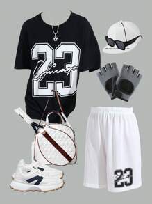 SHEIN 2 stuks/set Kids Tween Boys' Casual Veelzijdige Comfortabele Cijfer Print Ronde Hals Losse Korte Mouw T-shirt & Shorts Breiset