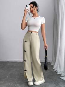 Calvaya Women's Straight Leg Loose Casual Pants With Button Design