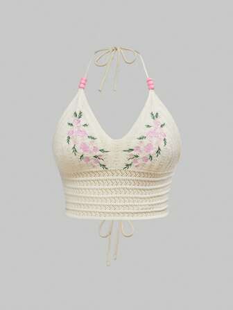 Kawaii Plus Size Halter Neck Floral Embroidered Knit Top, Spring Break