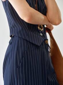 Uhlyne 2 件套女士编织全拉链无袖背心和直筒裤套装，办公室通勤时尚 - 藏蓝色 - 查看 3